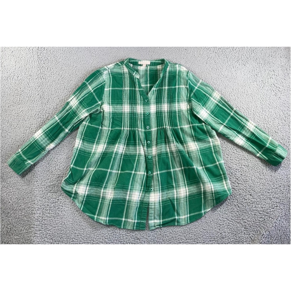 Tartan Plaid Button‎ Up Shirt Women 18/20 L Green Pintuck Cottagecore Lagnelook
